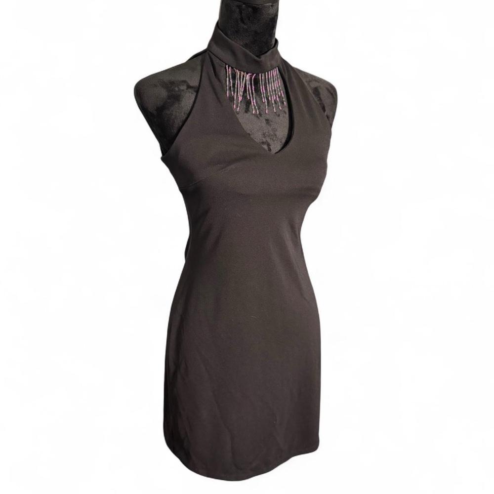 Mirrors vintage Black Halter Neck Dress with Beaded Neckline